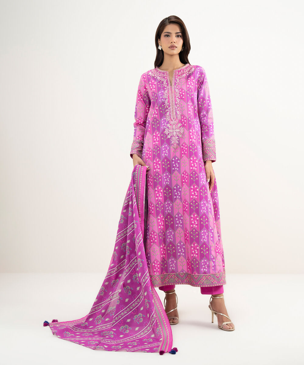 Women's Unstitched Lawn Pink Embroidered 3 Piece Suit