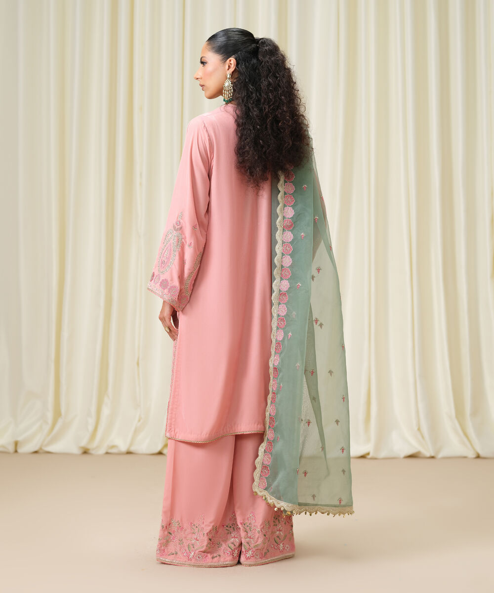 Women's Unstitched Embroidered Velvet Pink 3 Piece Suit