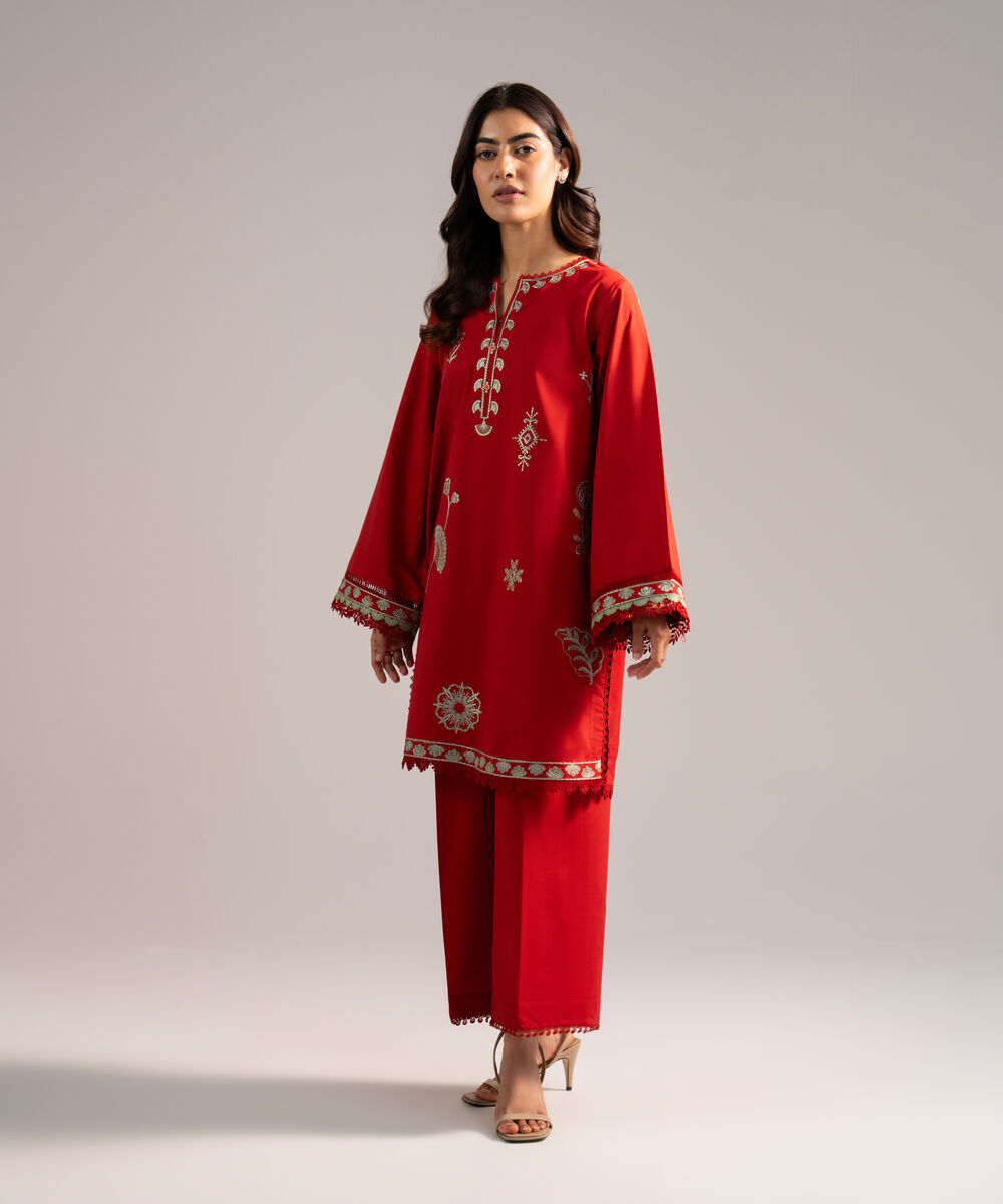 Women's RTW Cotton Viscose Embroidered Red A-Line Shirt