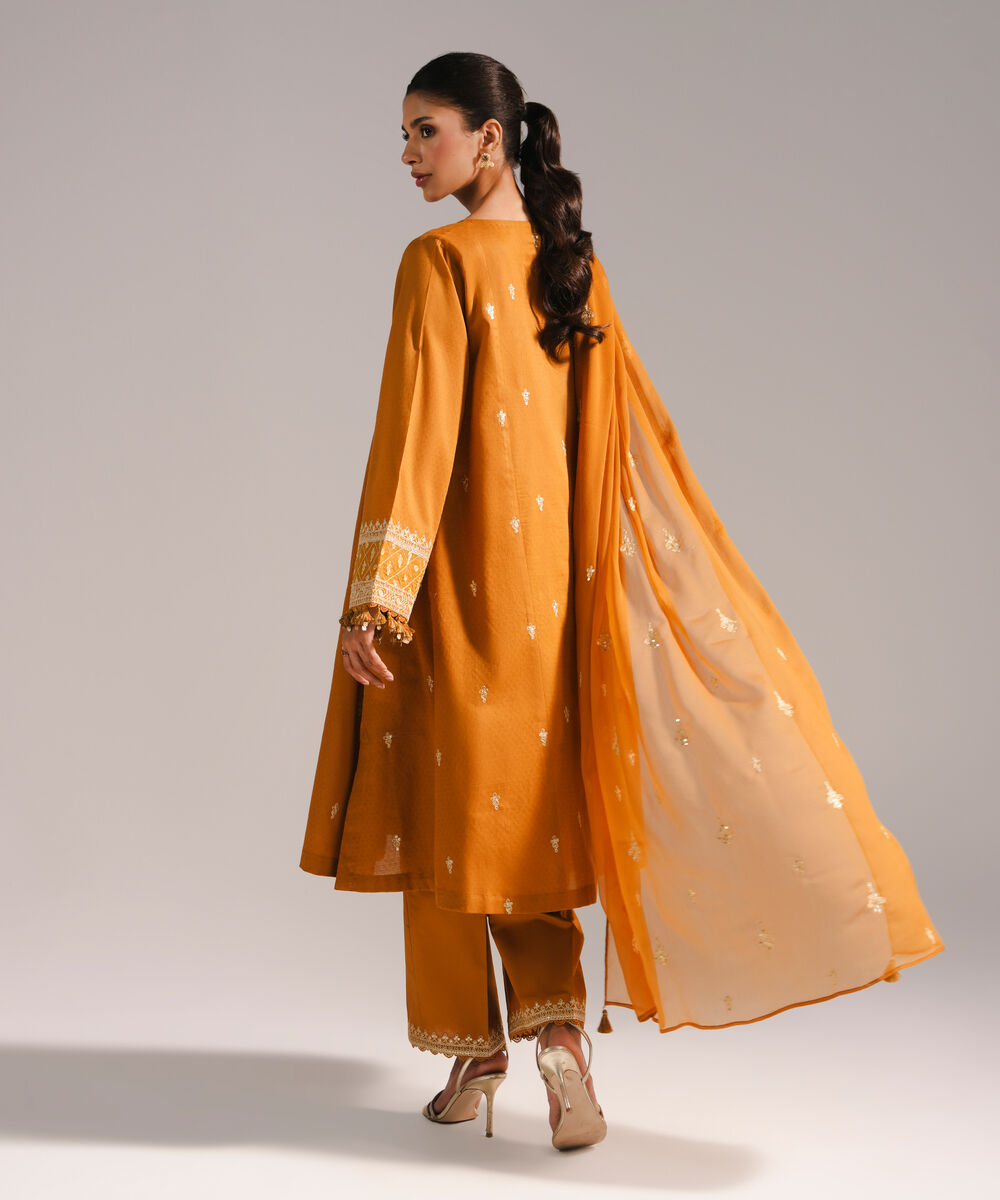 Women's RTW Dobby Embroidered Mustard Yellow 3 Piece Suit