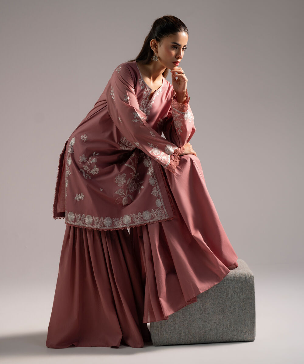 Women's RTW Cambric Embroidered Mauve 2 Piece Suit