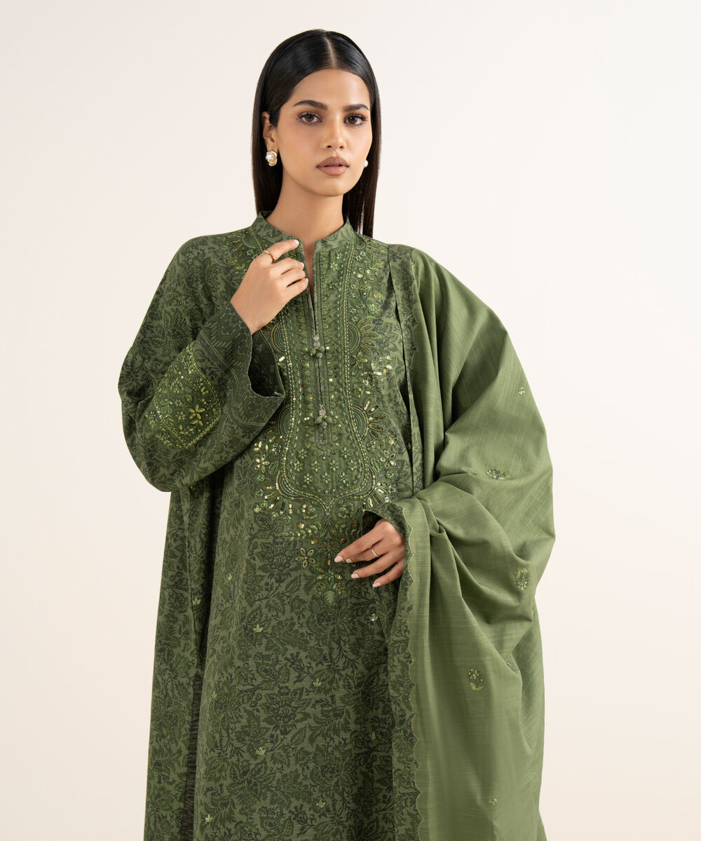 Women's Unstitched Textured Cotton Embroidered Green  3 Piece Suit