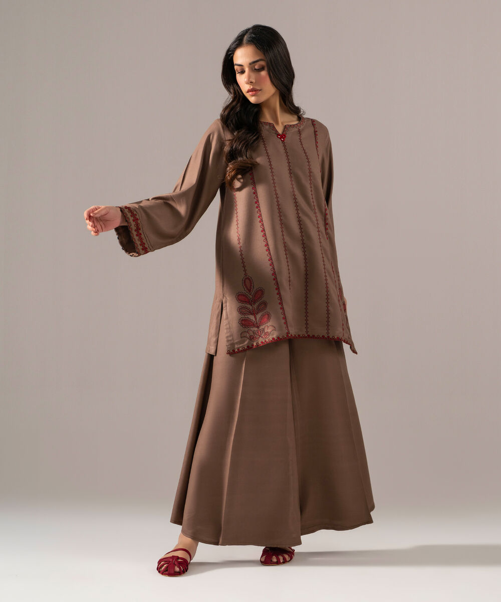 Women's RTW Bedford Solid Embroidered Dark Beige Straight Shirt