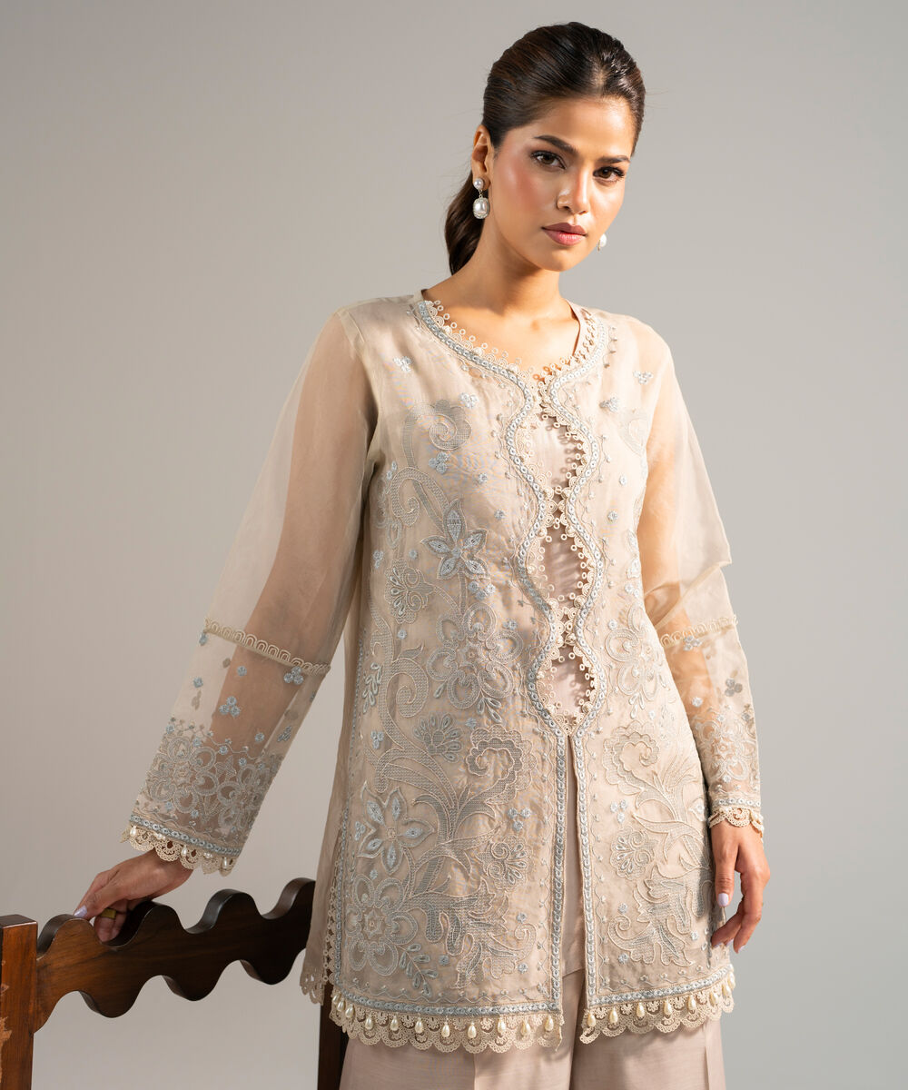 Women's RTW Organza Embroidered Beige 2 Piece Suit