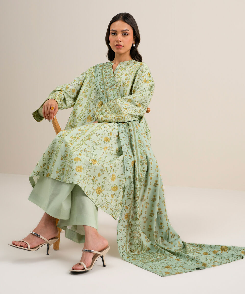 Women's Unstitched Printed Cotton Viscose Light Mint 3 Piece Suit
