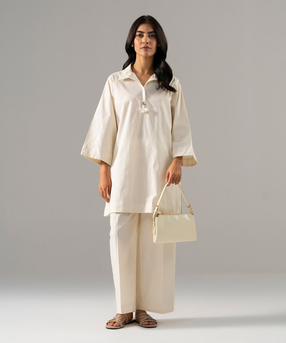 Women's RTW Textured Cotton Solid White 2 Piece Suit