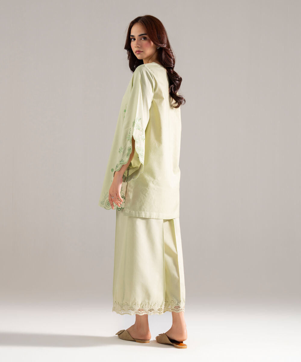 Women's RTW Dobby Solid Embroidered Green Straight Shirt