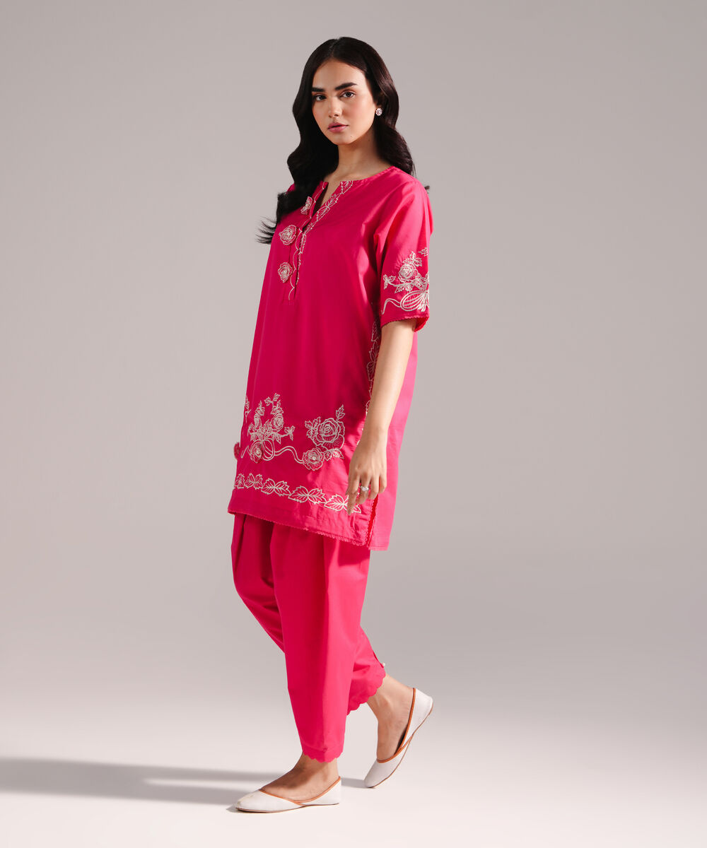 Women's RTW Slub Lawn Embroidered Pink Straight Shirt