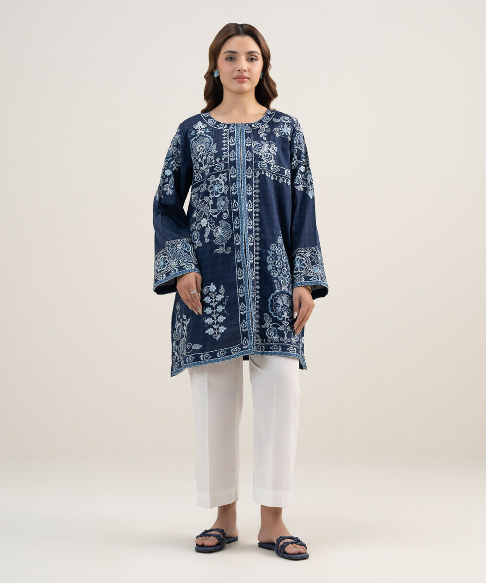 Women's RTW Dobby Embroidered Dark Blue Straight Shirt