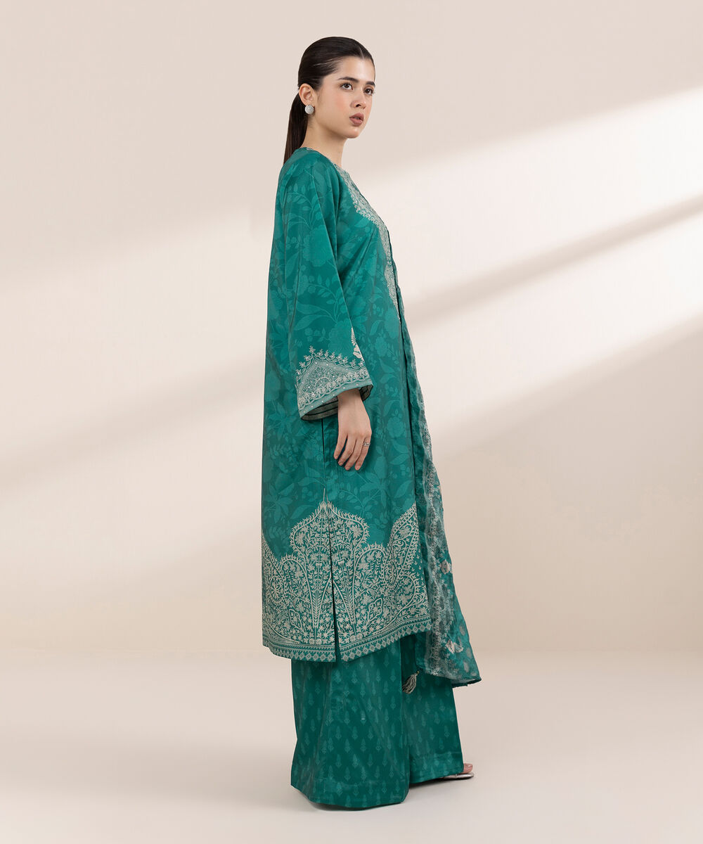 Women's RTW Blended Grip Green Printed Three Piece Suit