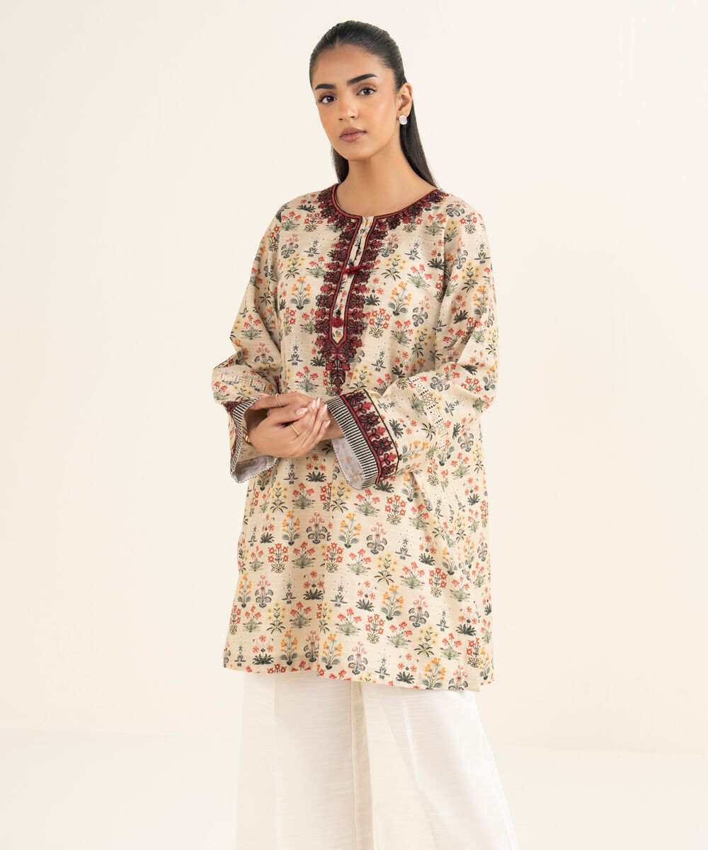 Women's RTW Cotton Embroidered Beige A-Line Shirt