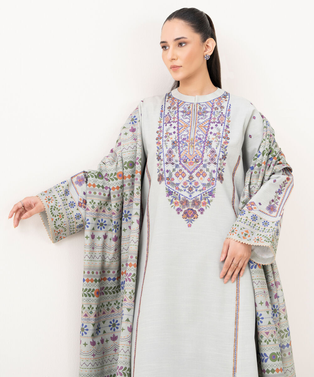 Women's Unstitched Light Khaddar Embroidered Grey 3 Piece Suit