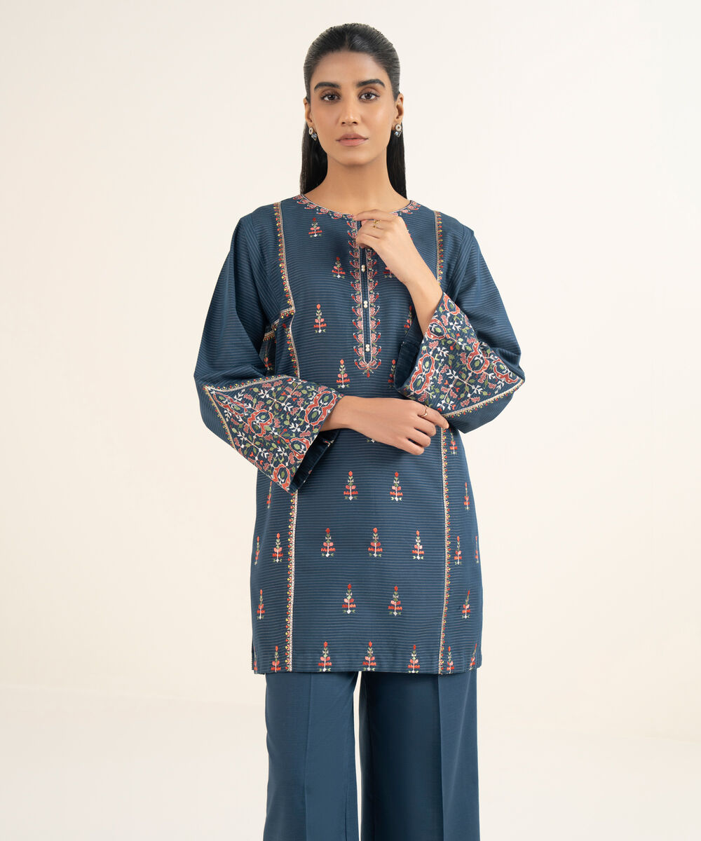 Women's RTW Zari Cotton Embroidered Straight Blue Shirt