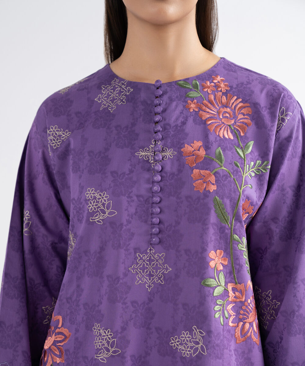 Women's Unstitched Cotton Jacquard Embroidered Purple 3 Piece Suit