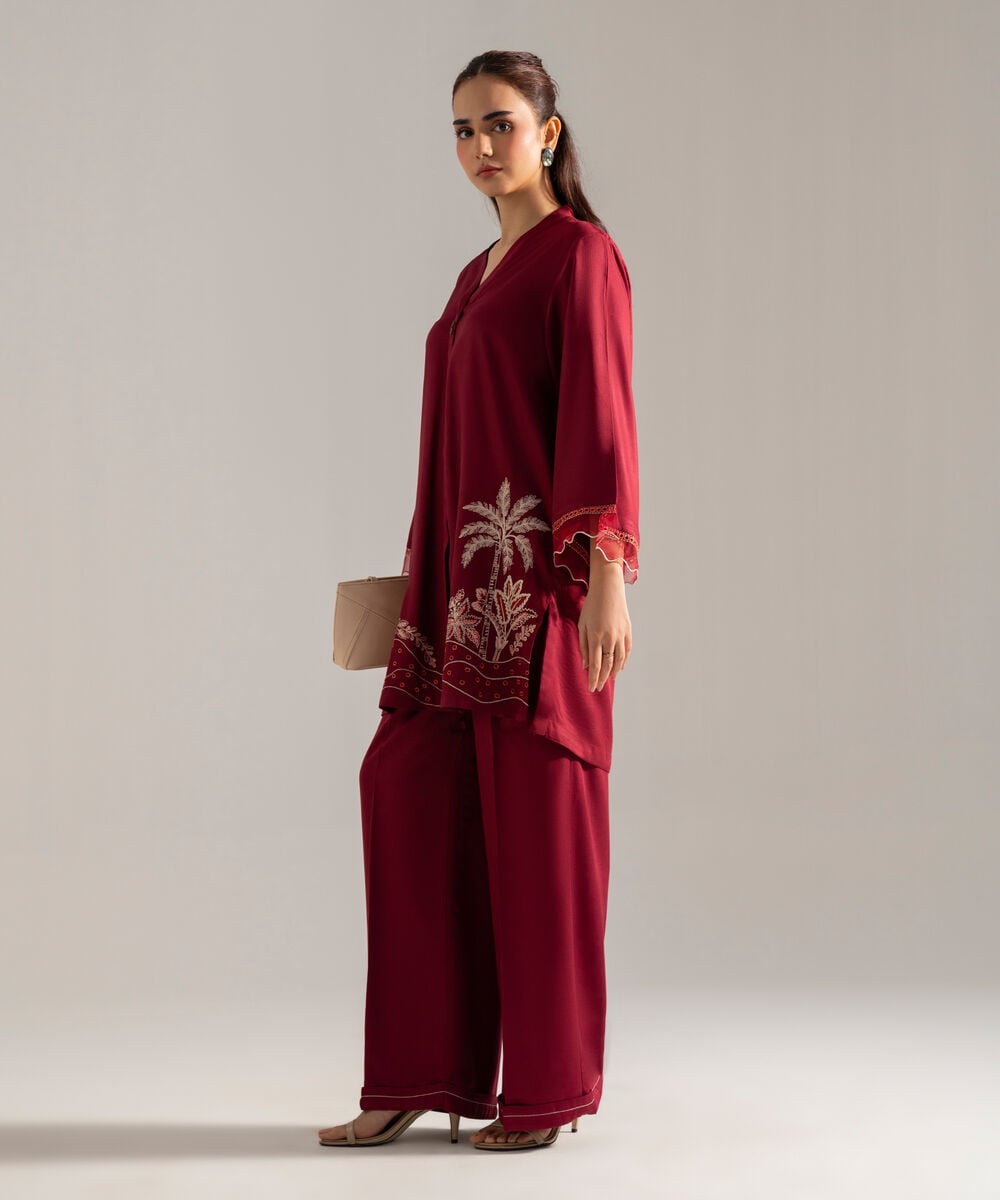 Women's RTW Solid Embroidered Maroon Bedford Shirt