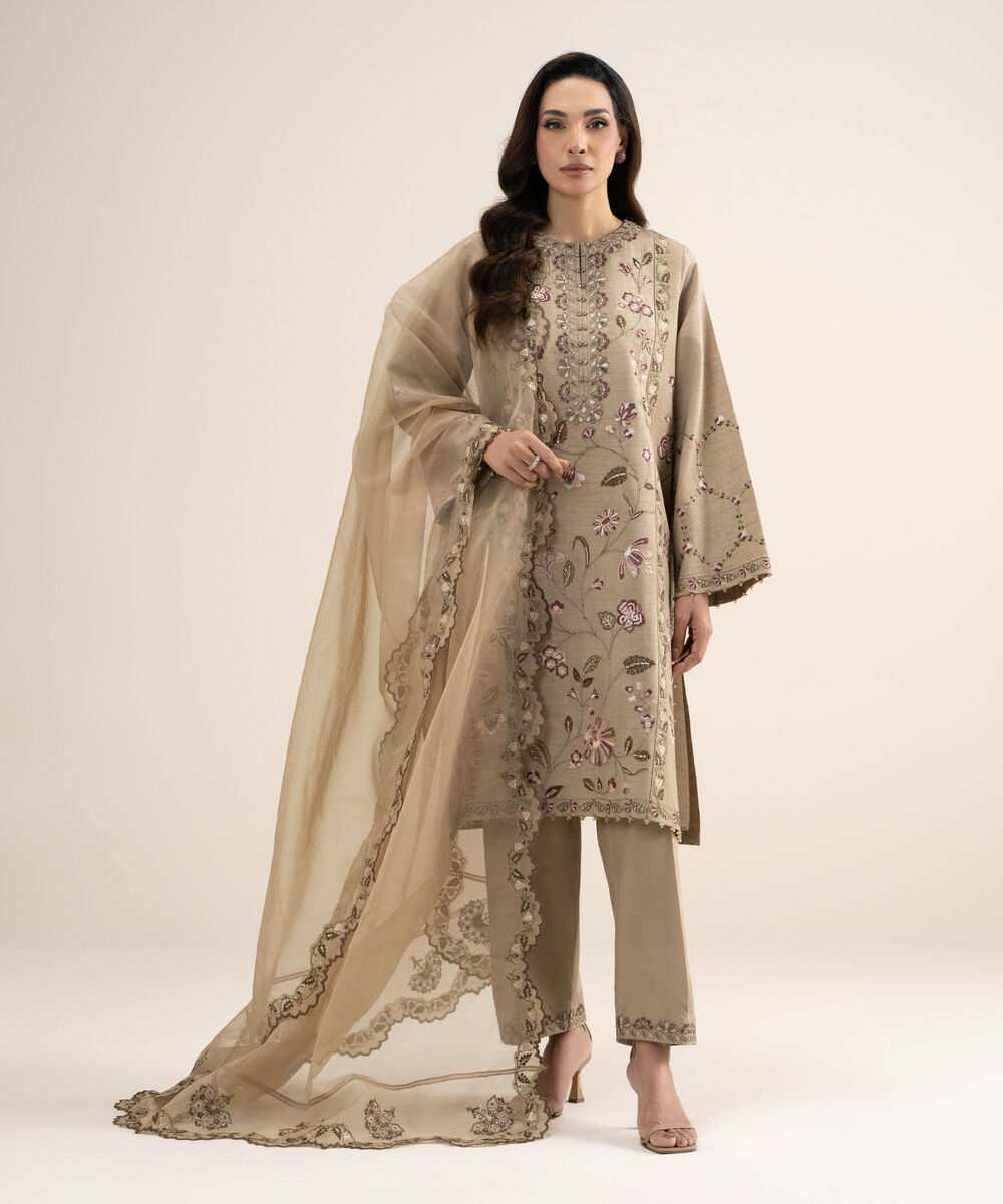 Women's Unstitched Embroidered Viscose Raw Silk Beige 3 Piece Suit