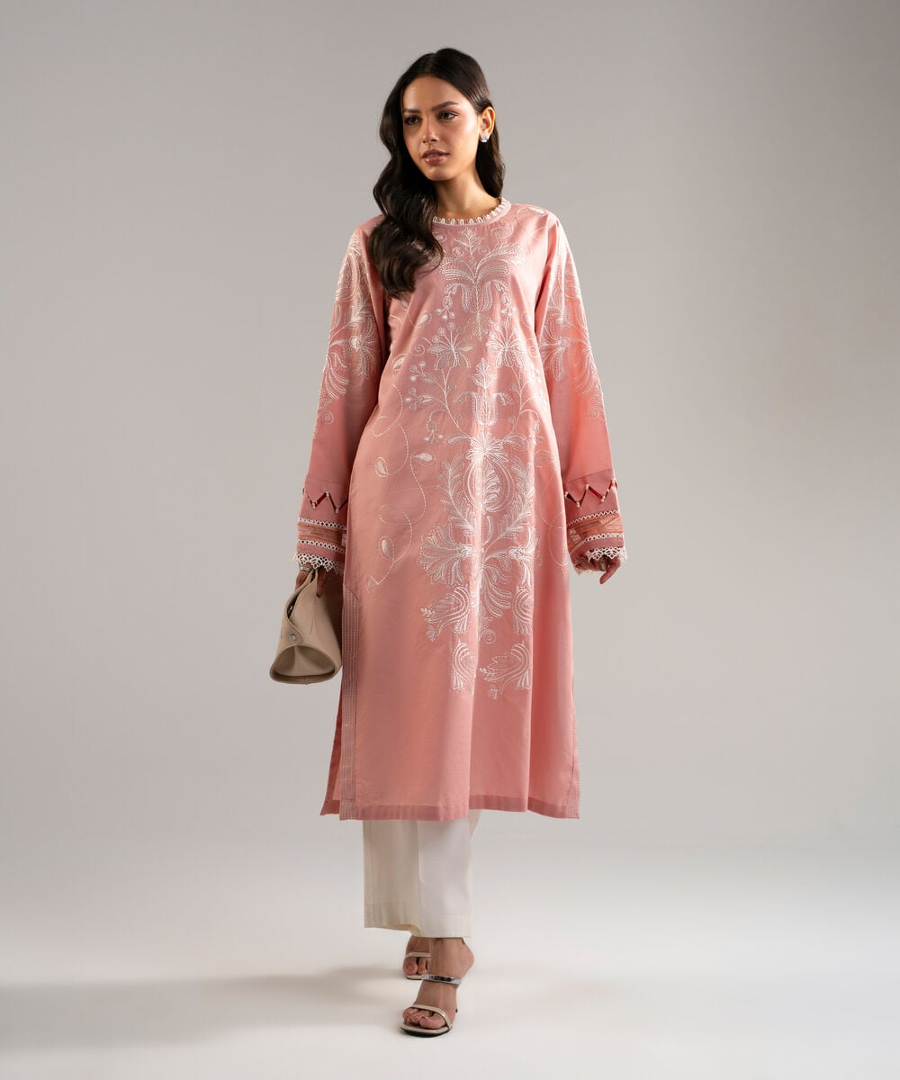 Women's RTW Zari Lawn Embroidered Pink Straight Shirt