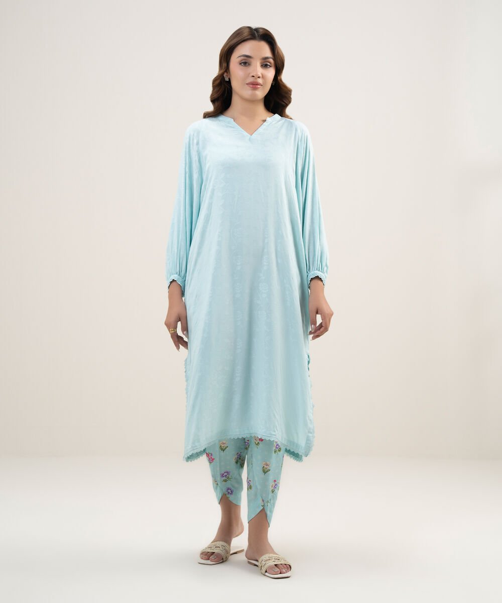 Women's RTW Arabic Self Jacquard Solid Blue Drop Shoulder Shirt