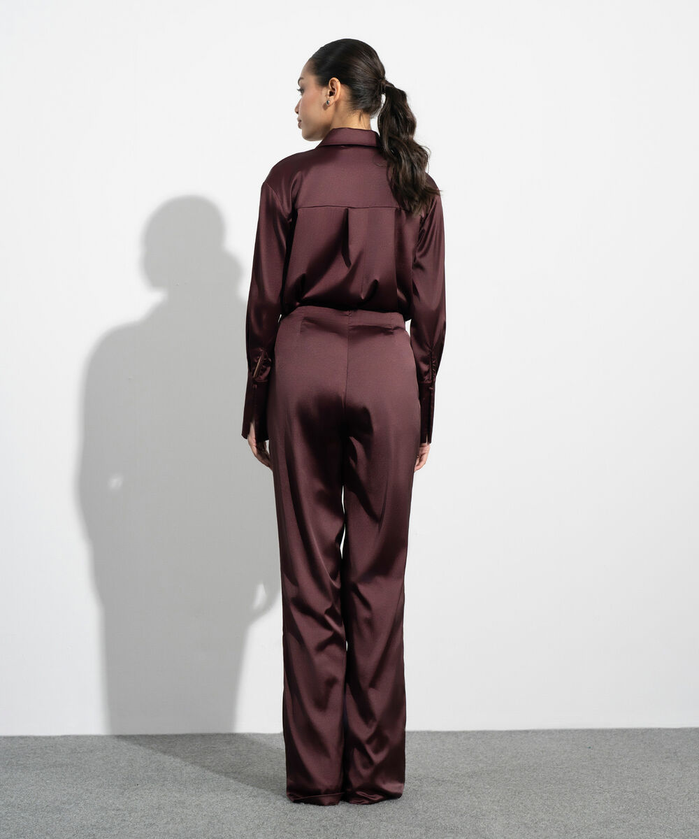 Women's Western Maroon Wide Leg Satin Trousers