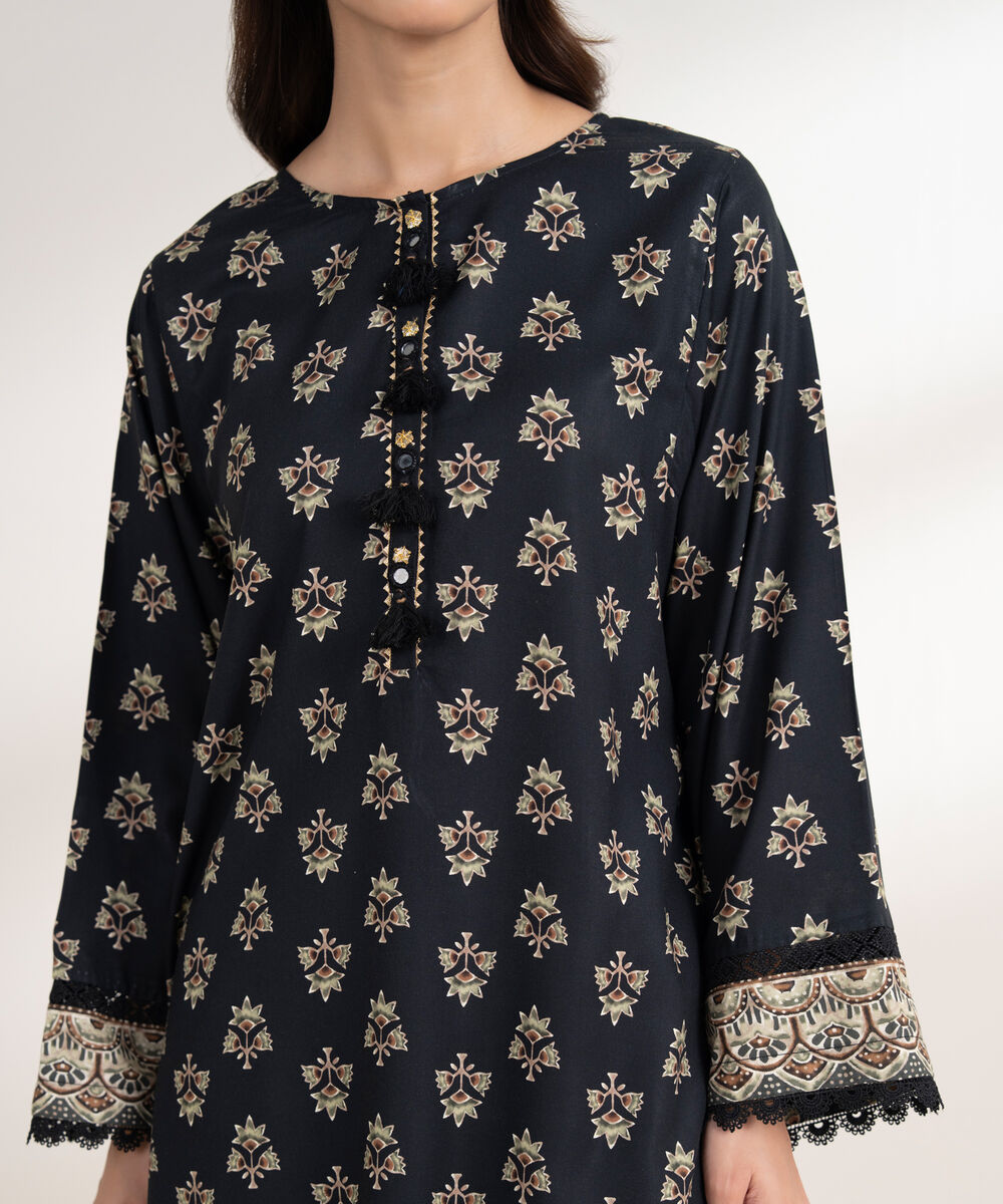 Women's RTW Viscose Linen Printed Boxy Black Shirt