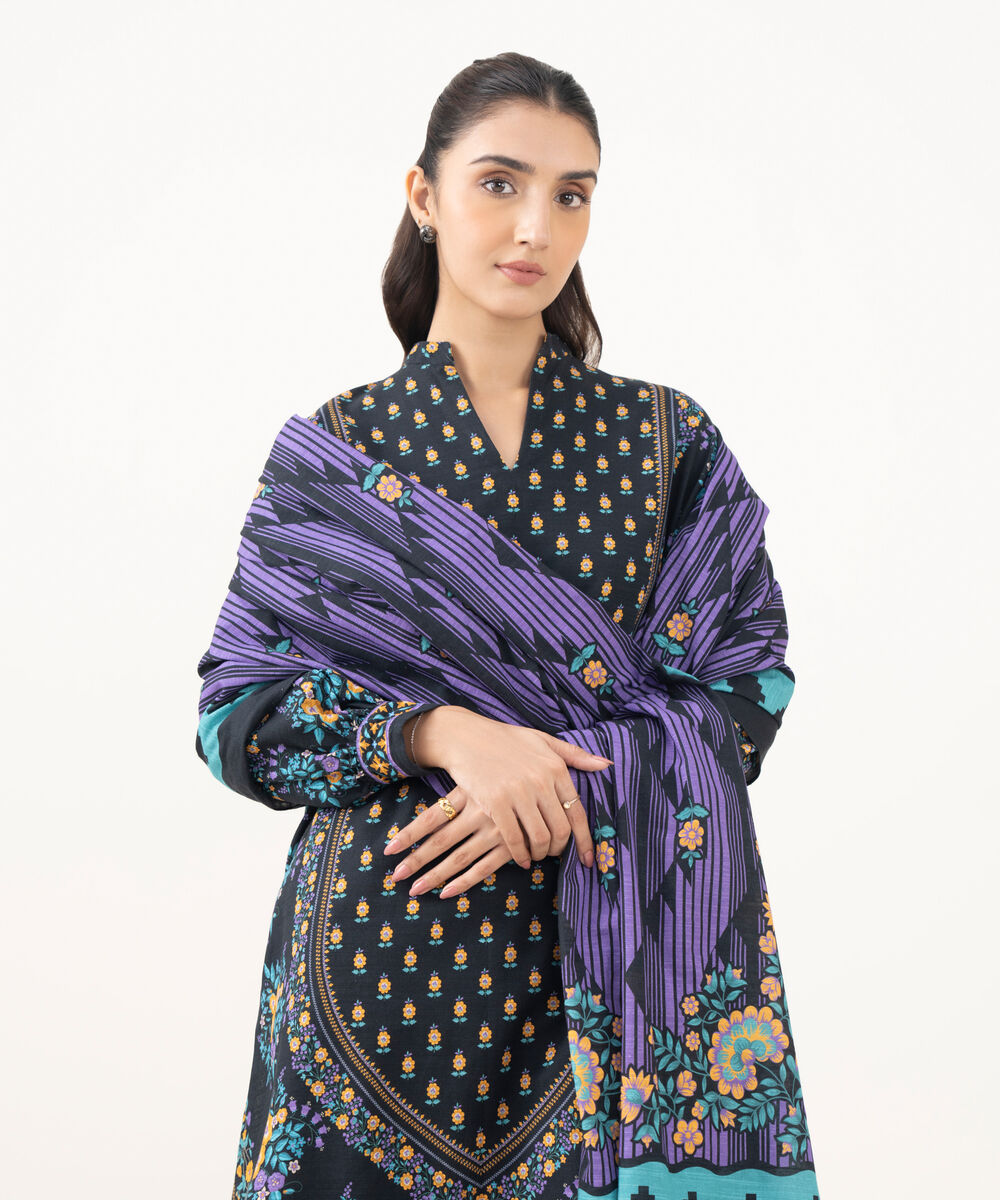 Women's Unstitched Printed Light Khaddar Black 3 Piece Suit