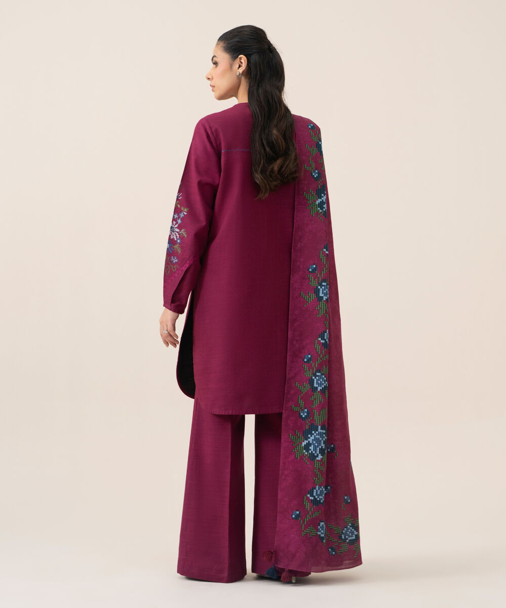 Women's Unstitched Lawn Embroidered Magenta 3 Piece Suit