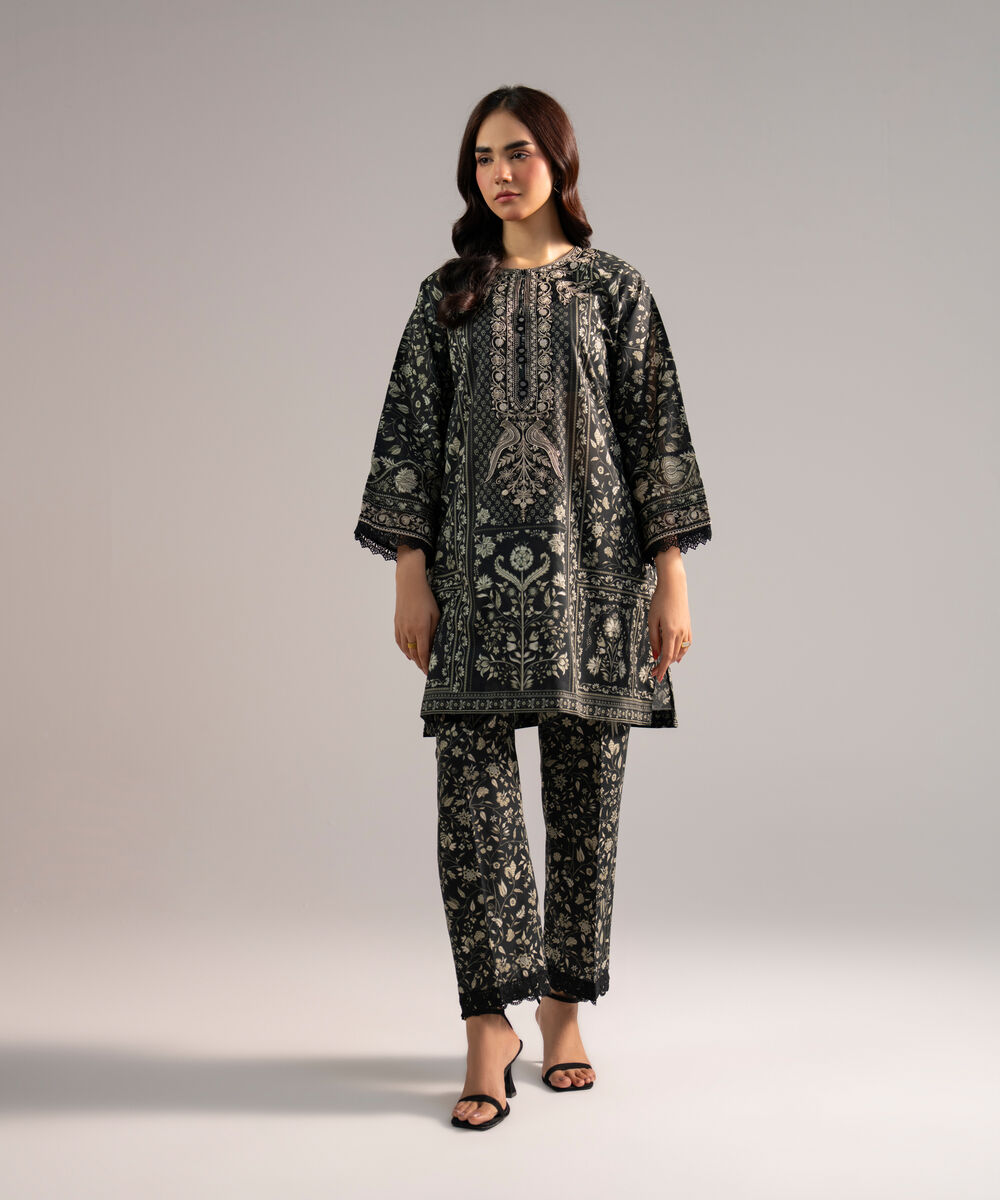 Women's RTW Lawn Embroidered Black Drop Shoulder Shirt