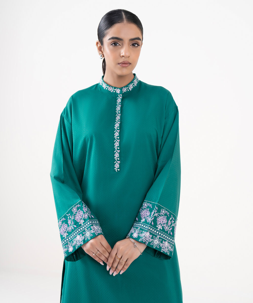 Women's RTW Textured Lawn Blue Embroidered A-Line Shirt
