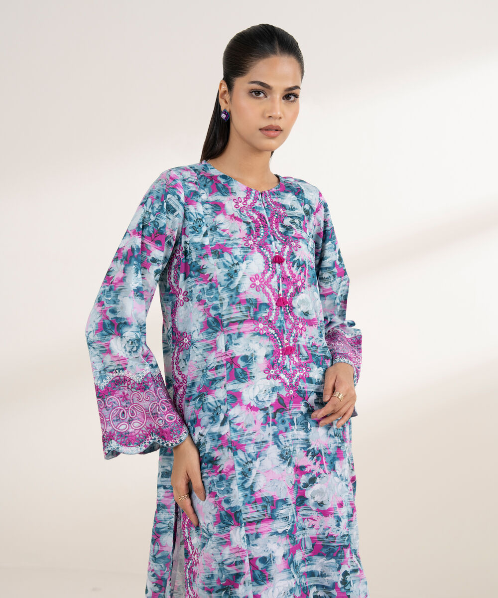 Women's RTW Lawn Blue Embroidered A-Line Shirt