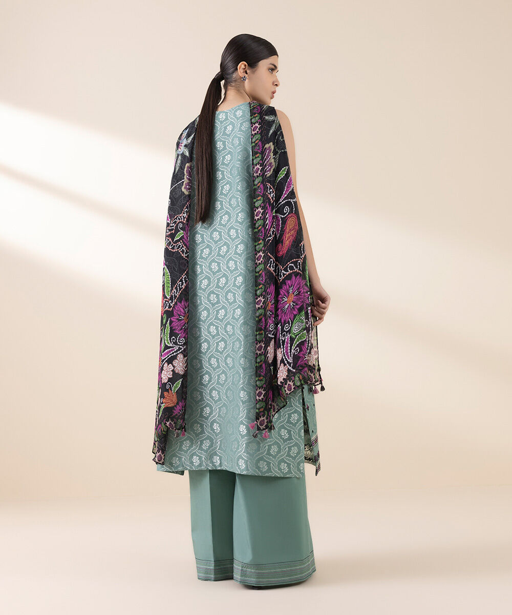 Unstitched Women's Embroidered Extra Weft Jacquard Blue Three Piece Suit