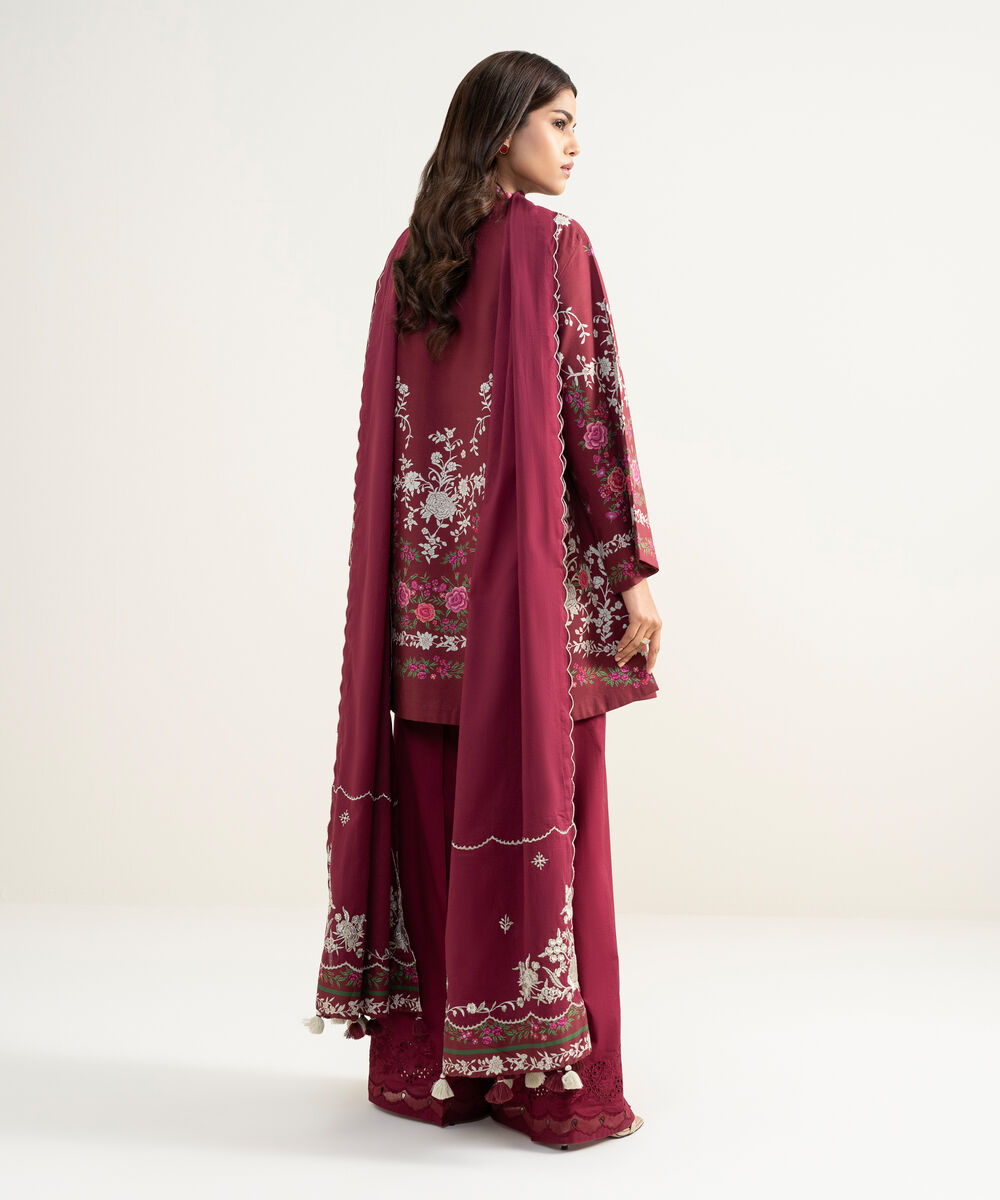 Women's Unstitched Lawn Embroidered Red 3 Piece Suit