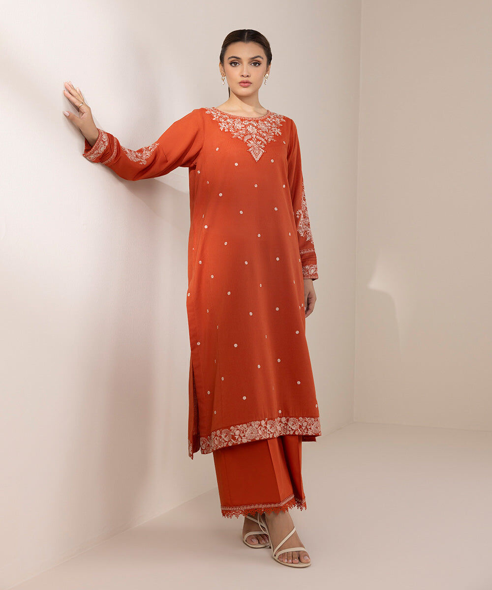 Woman - Orange Embroidered Cotton Karandi Shirt
