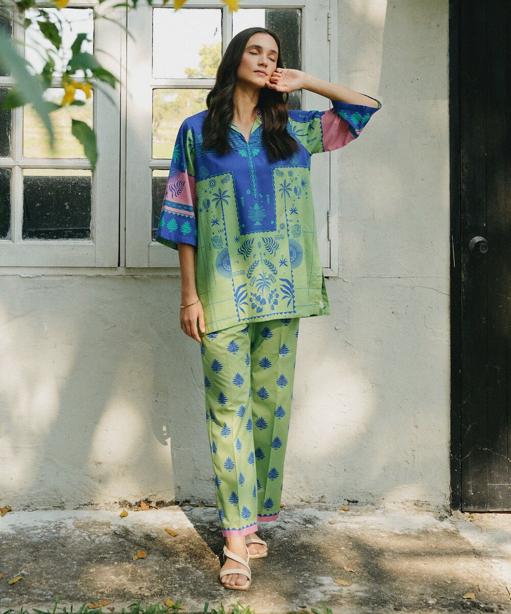 Women's RTW Cotton Viscose Printed Green Straight Shirt