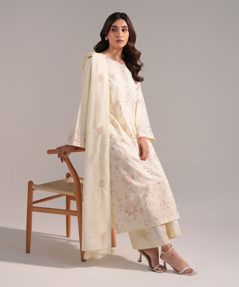 Women's RTW Cambric Embroidered Off White 3 Piece Suit