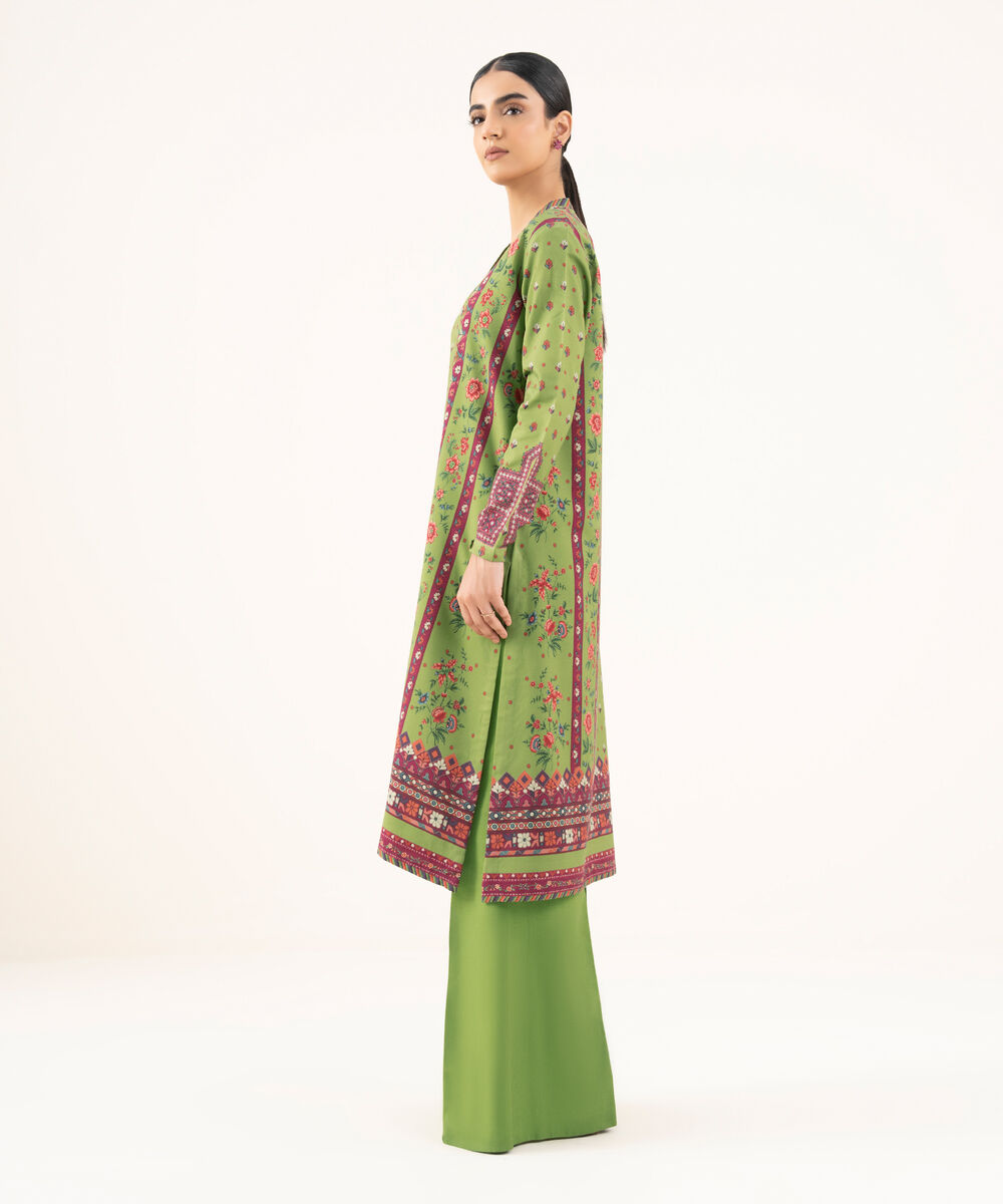 Women's Unstitched Cotton Printed Green 2 Piece Suit
