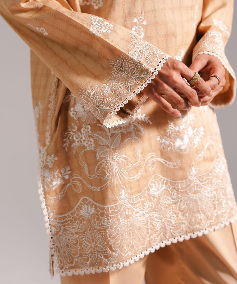 Women's RTW Dobby Embroidered Straight Beige Shirt