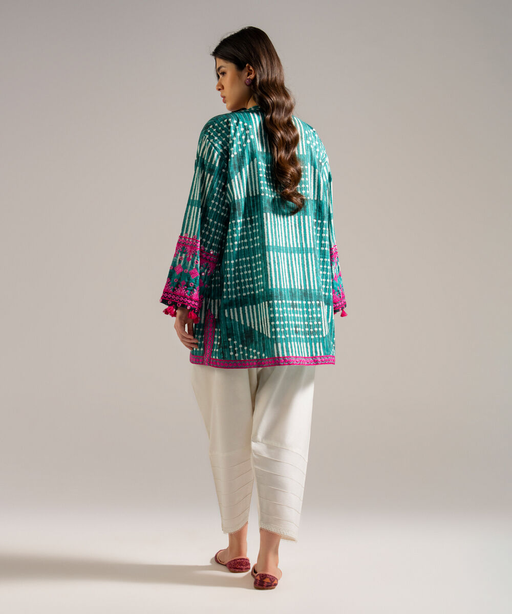 Women's RTW Dobby Embroidered Green Drop Shoulder Shirt