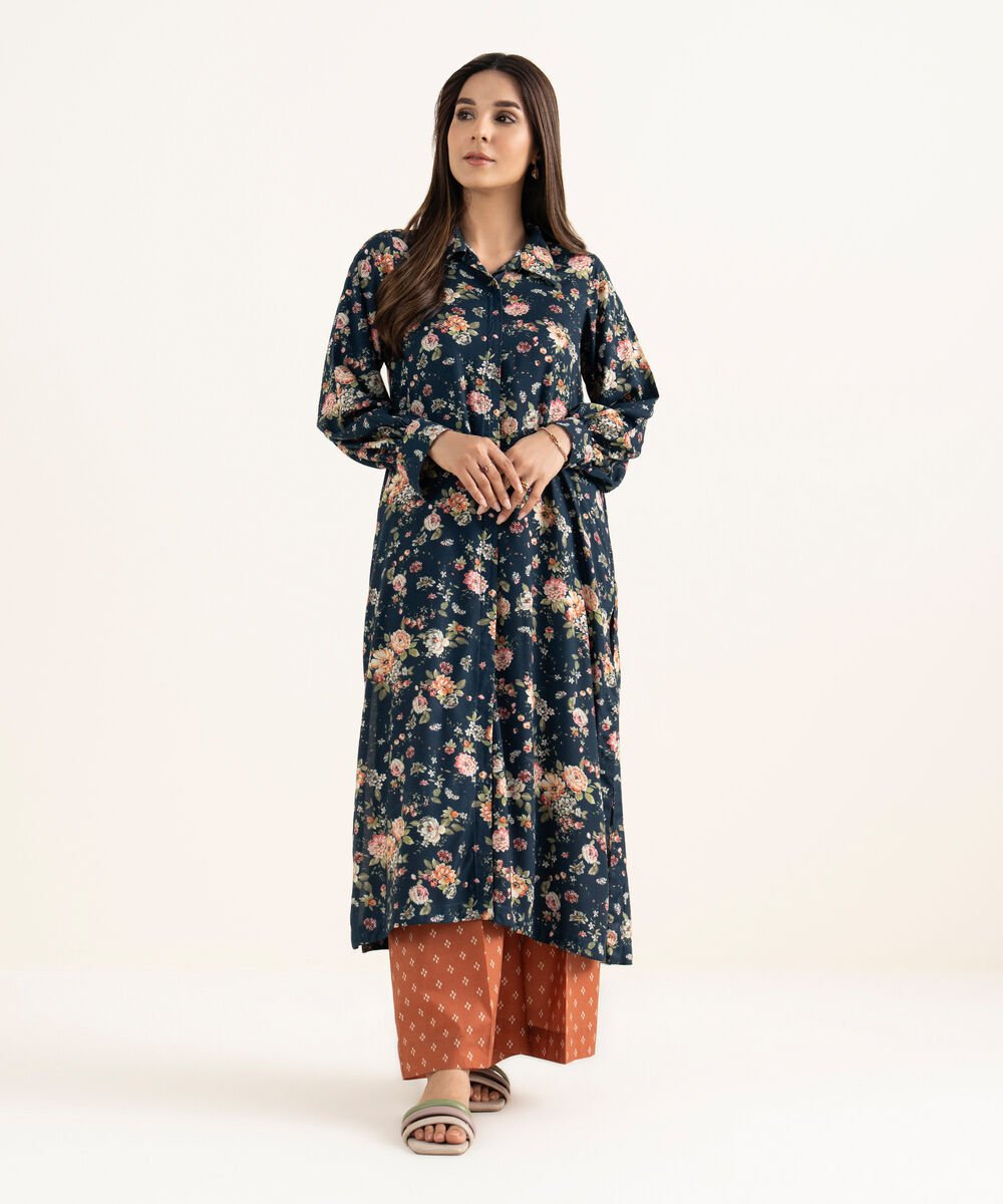 Women's RTW Arabic Lawn Blue Printed Straight Shirt
