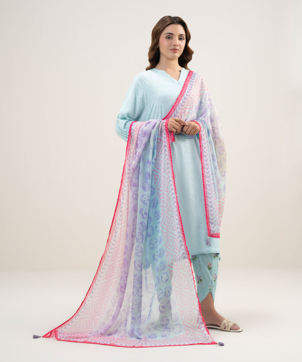 Women's RTW Arabic Self Jacquard Solid Blue Drop Shoulder Shirt