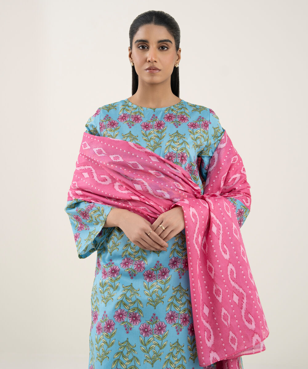 Women's Unstitched Lawn Printed Blue 3 Piece Suit