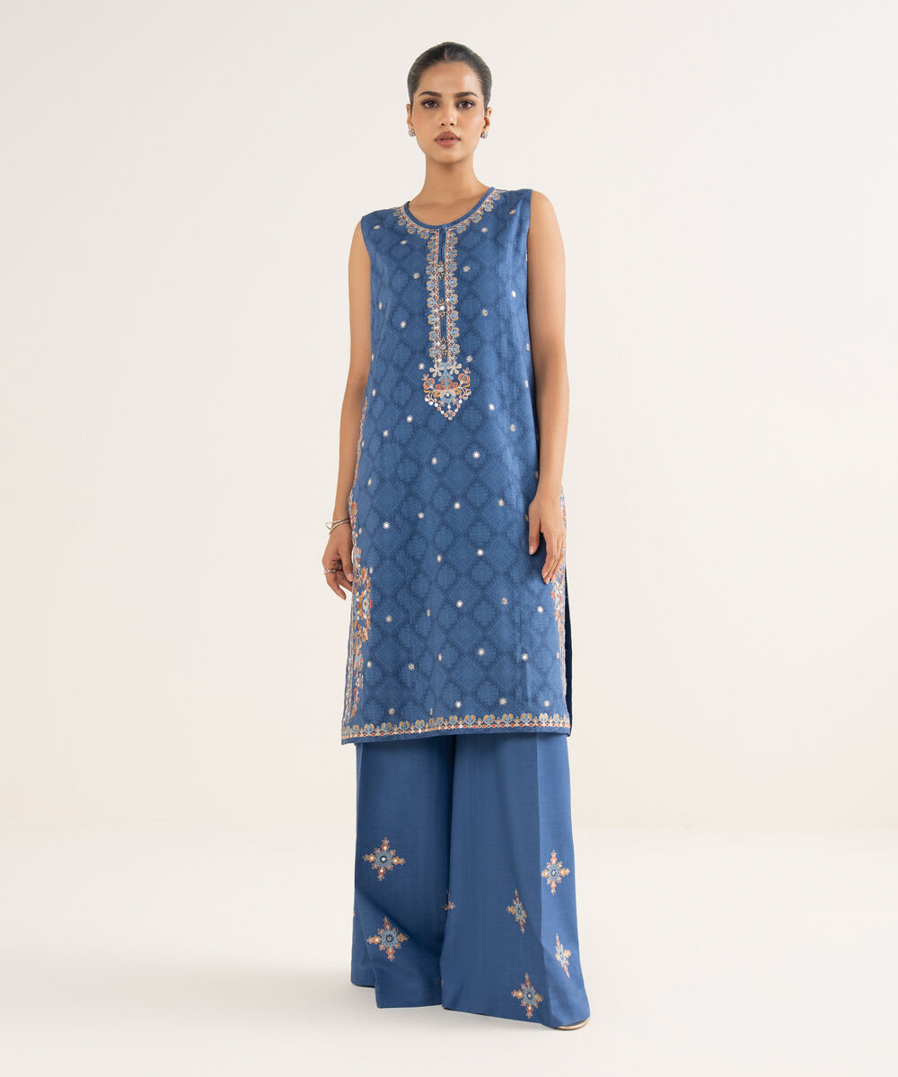 Women's Unstitched Linen Embroidered Blue 2 Piece Suit