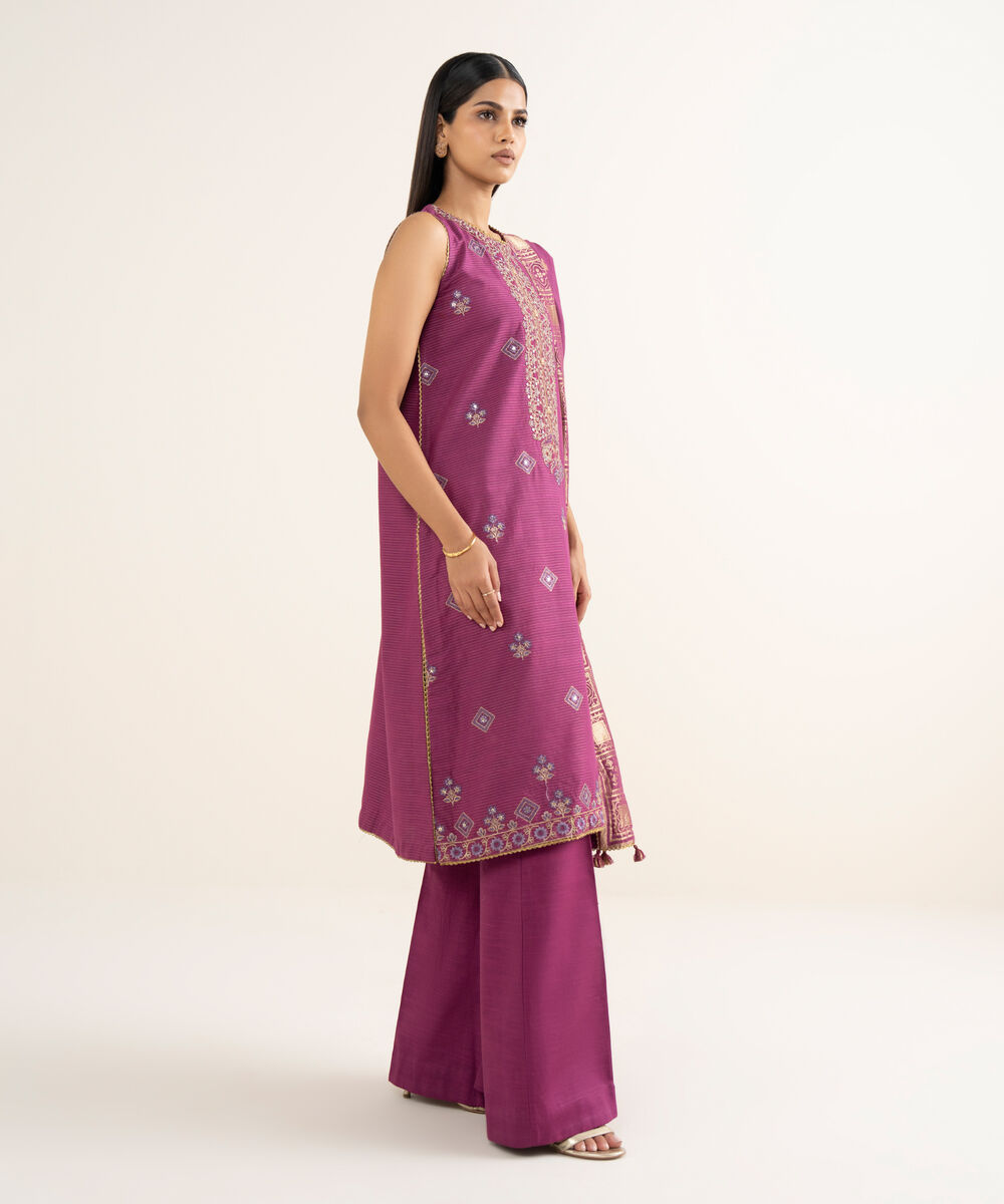 Women's Unstitched Embroidered Zari Khaddar Purple 3 Piece Suit
