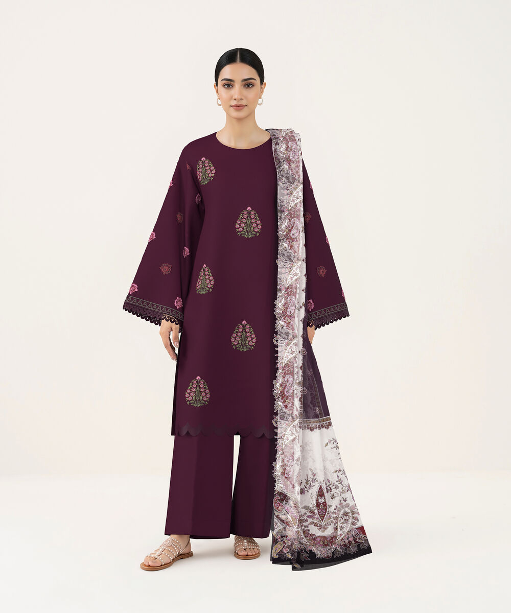 Women's Unstitched Lawn Plum Embroidered 3 Piece Suit
