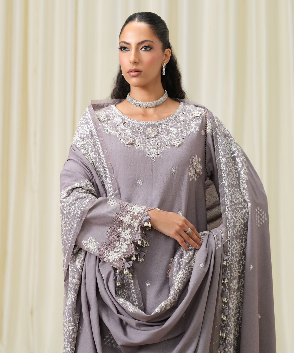 Women's Unstitched Embroidered Cotton Karandi Dusty Mauve 3 Piece Suit