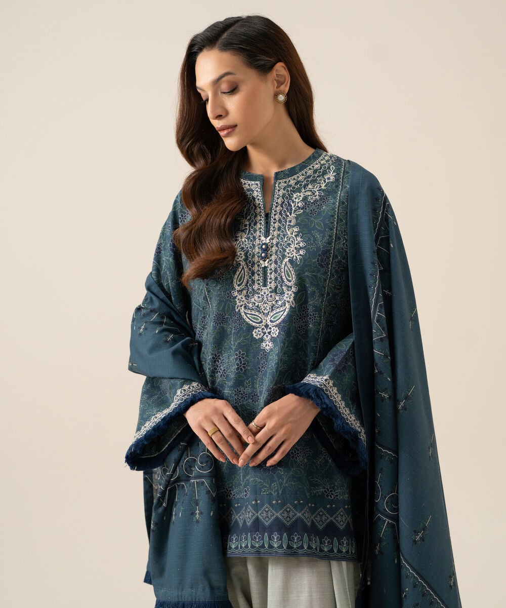 Women's Unstitched Premium Khaddar Printed Blue 3 Piece Suit