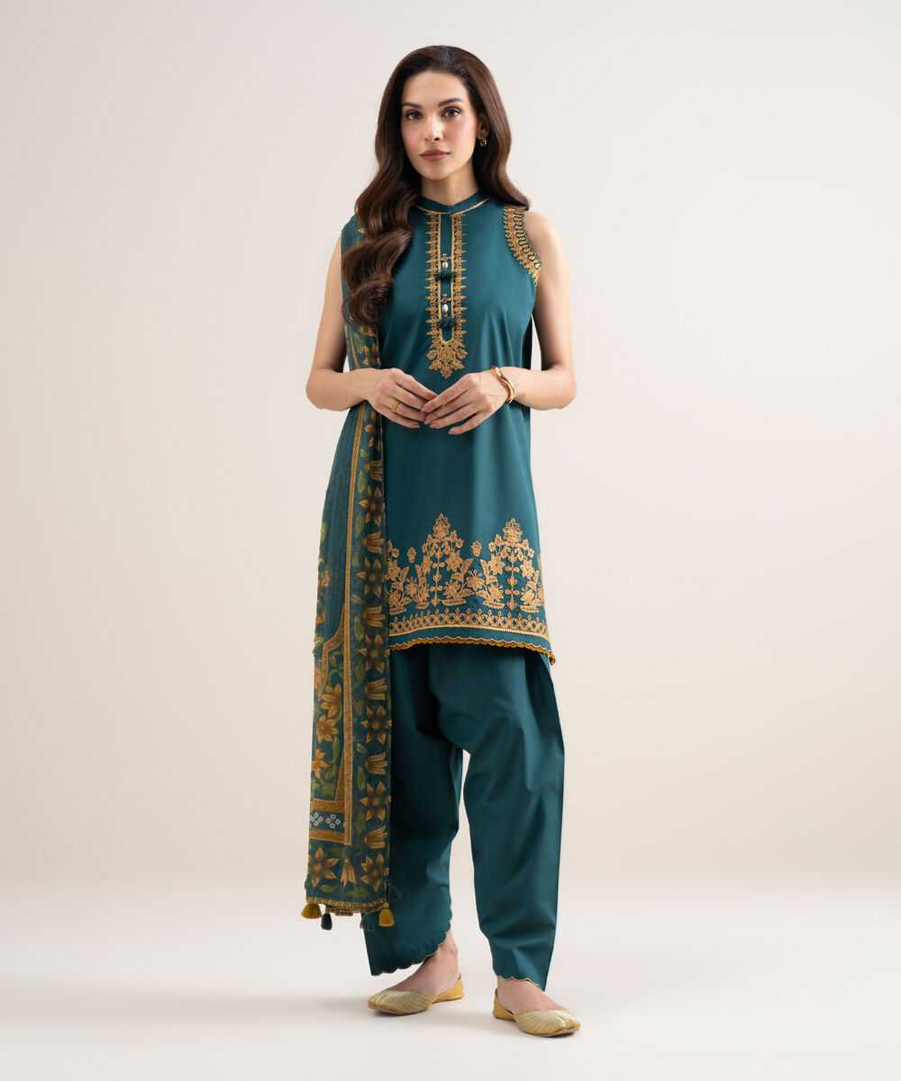 Women's Unstitched Lawn Embroidered Dark Green 3 Piece Suit