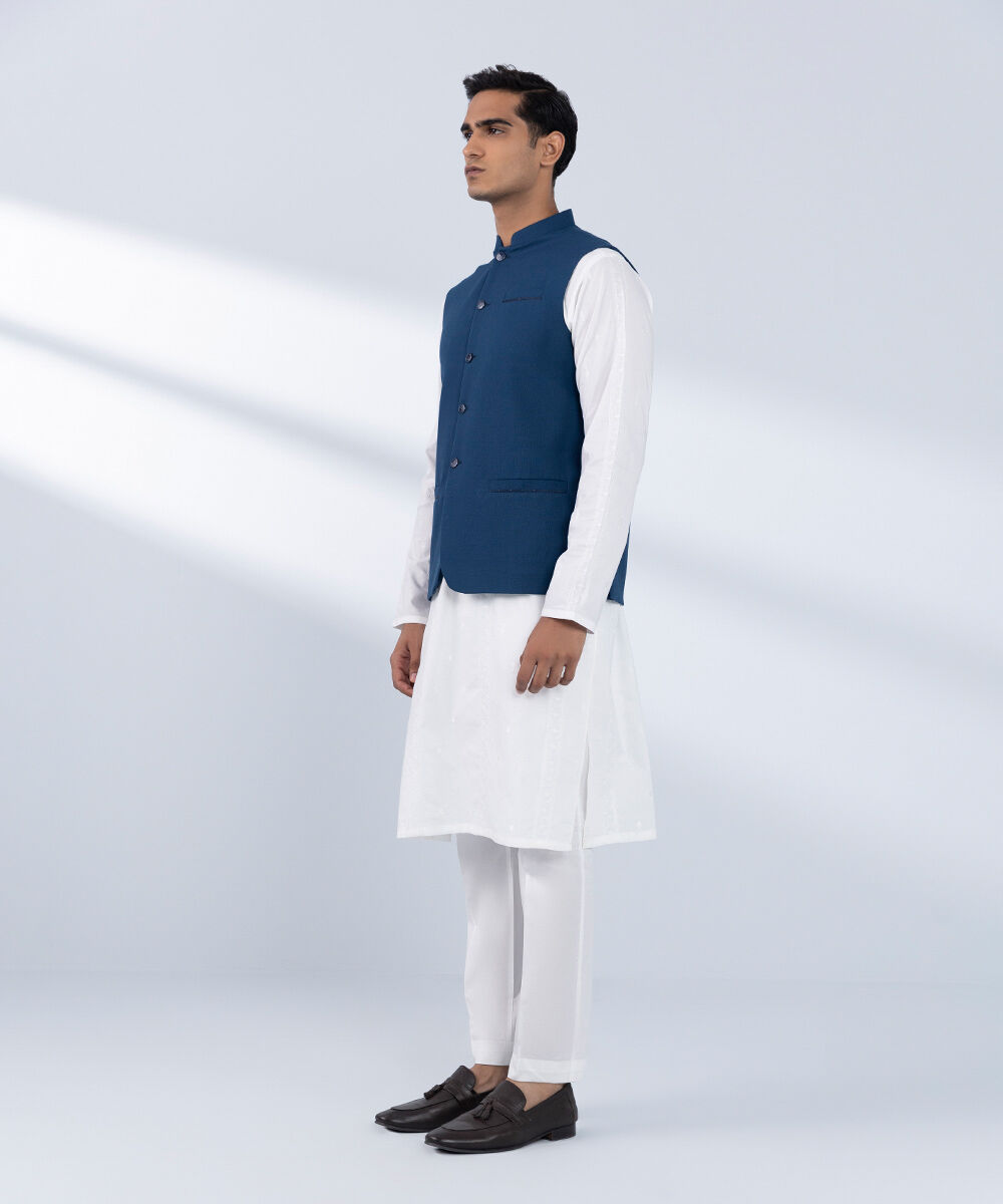 Men's Stitched Embroidered Blue Waistcoat
