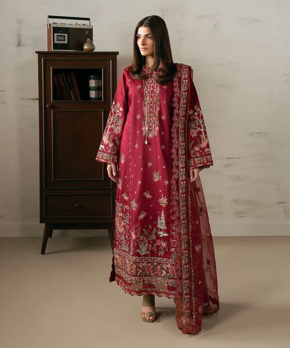 Women's Unstitched Fine Cotton Satin Embroidered Red  3 Piece Suit