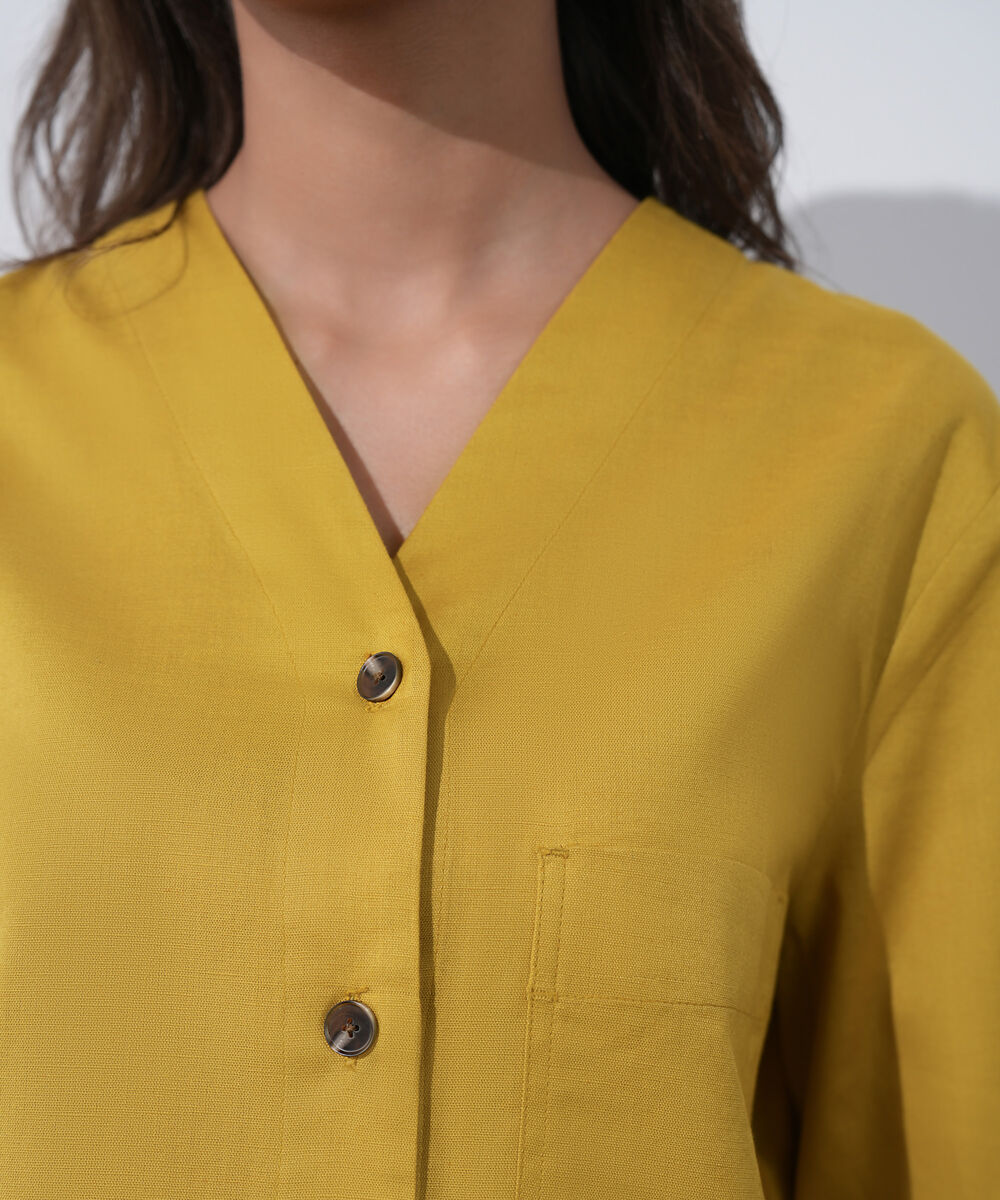 Women's Western Wear Mustard V-Neck Linen Blend Shirt