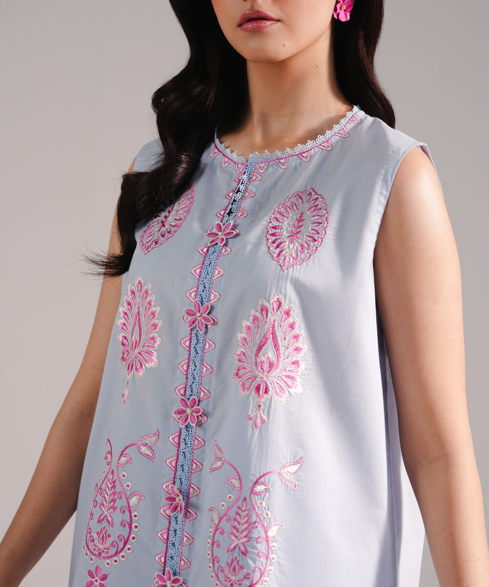 Women's RTW Zari Lawn Embroidered Ice Blue Straight Shirt